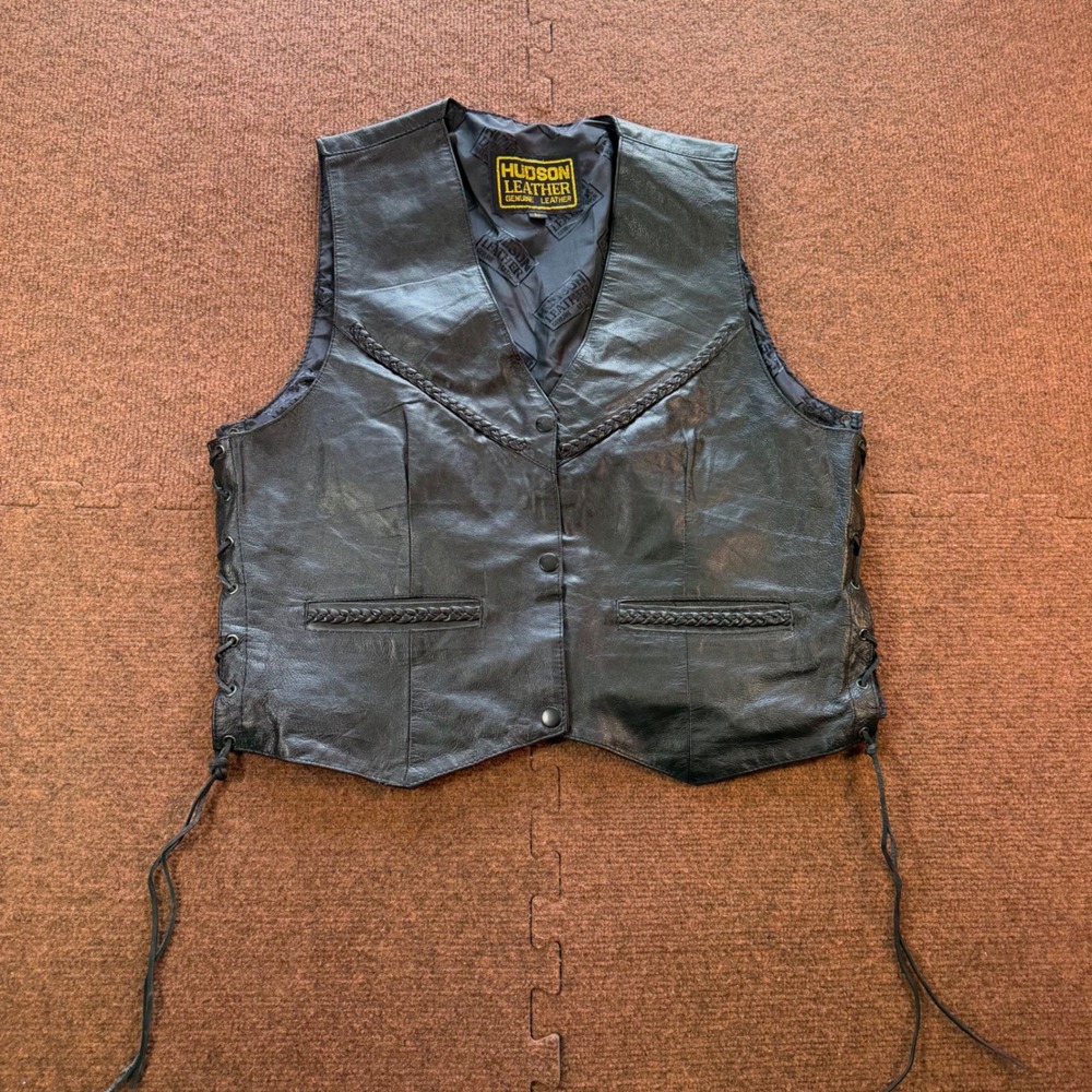 Hudson Leather Biker Vest Mens Large Black Braided Trim Side Lace Motorcycle L